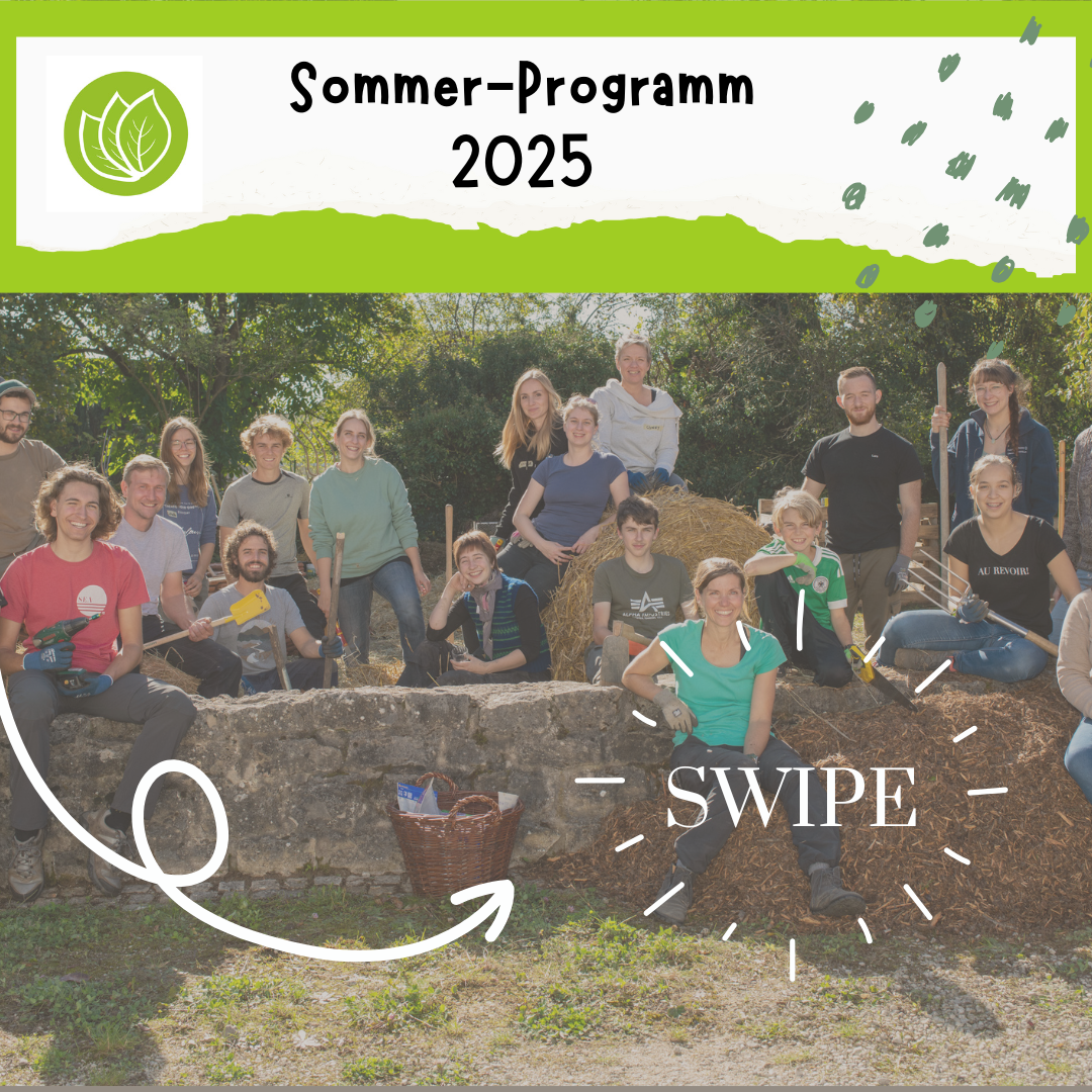 Eine Gruppe mit jungen Menschen sitzt auf Mauern und Heuballen nach getaner Gartenarbeit.